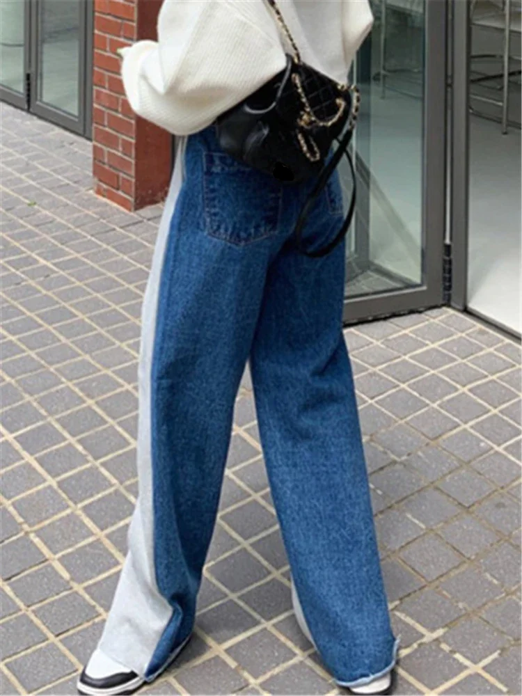 REALEFT Patchwork Casual Women\'s Denim Pants 2024 New Vintage Pockets High Waist Full Length Wide Leg Ladies Jeans Pants Female