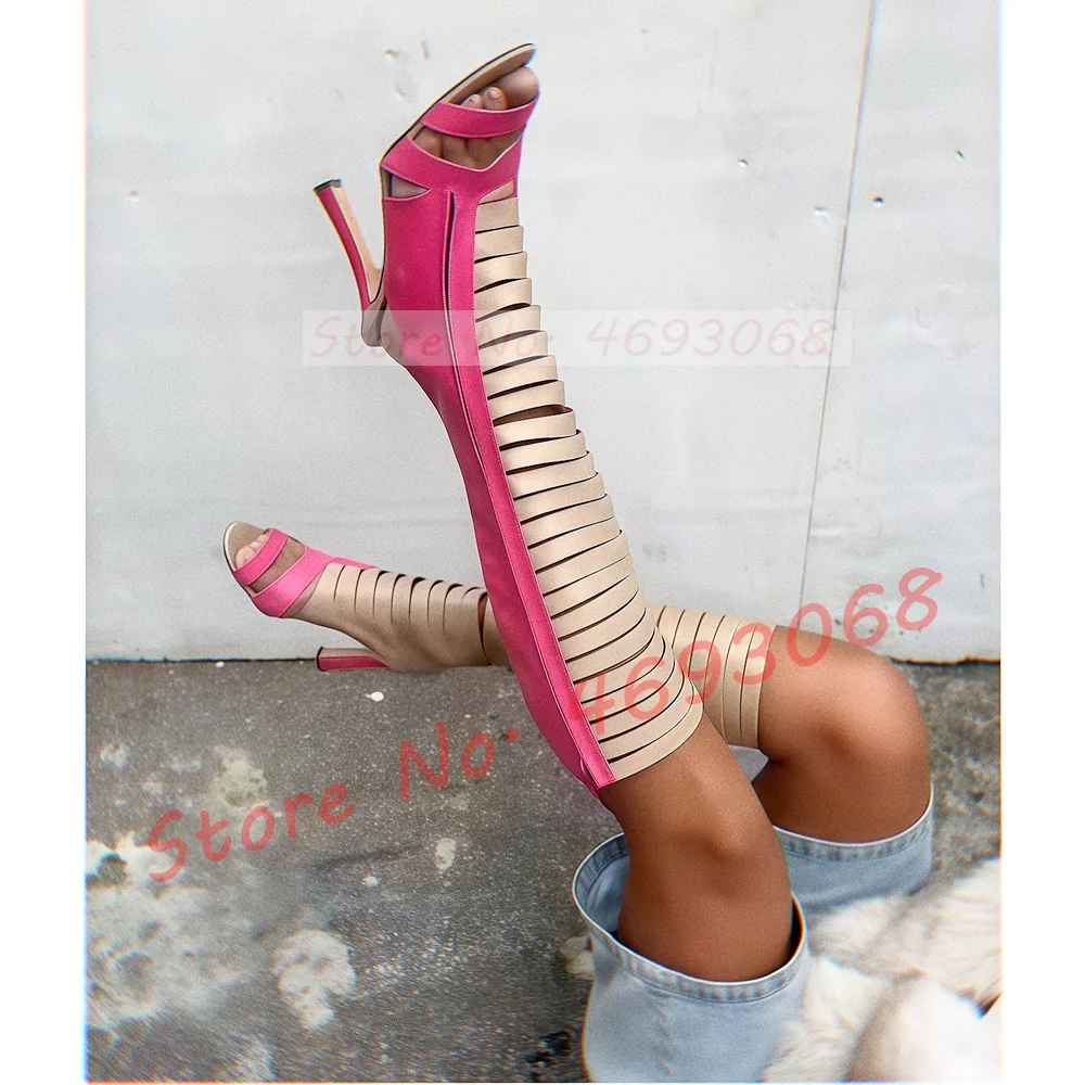

Розовые сапоги до колена с открытым носком и ремешками, женские пикантные кожаные сапоги телесного цвета с вырезом, новинка, разноцветные туфли на высоком каблуке