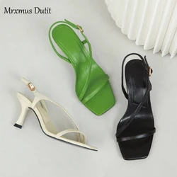 Mrxmus Dutit 2023 Summer Fashion Genuine Leather One Word Belt Stiletto High Heel Shoes Women Solid Simple Casual Sandal Female