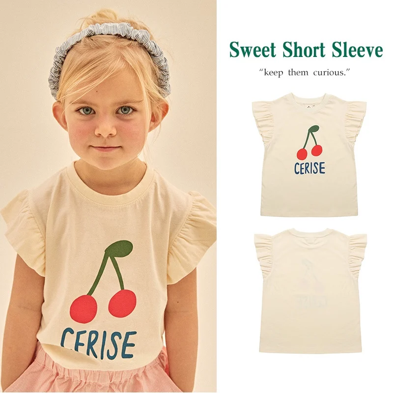 

Jenny&Dave 23 Summer New Girls' Baby Casual Top, Cute Cherry Letter Printed Flying Sleeve Short Sleeve T-shirt for Children