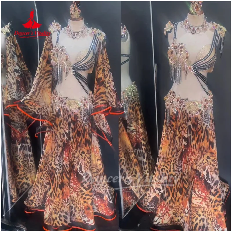 

Костюм для выступлений по восточным танцам: Элитный, индивидуальный пошив, сексуальный комплект с леопардовым принтом для танцовщиц.