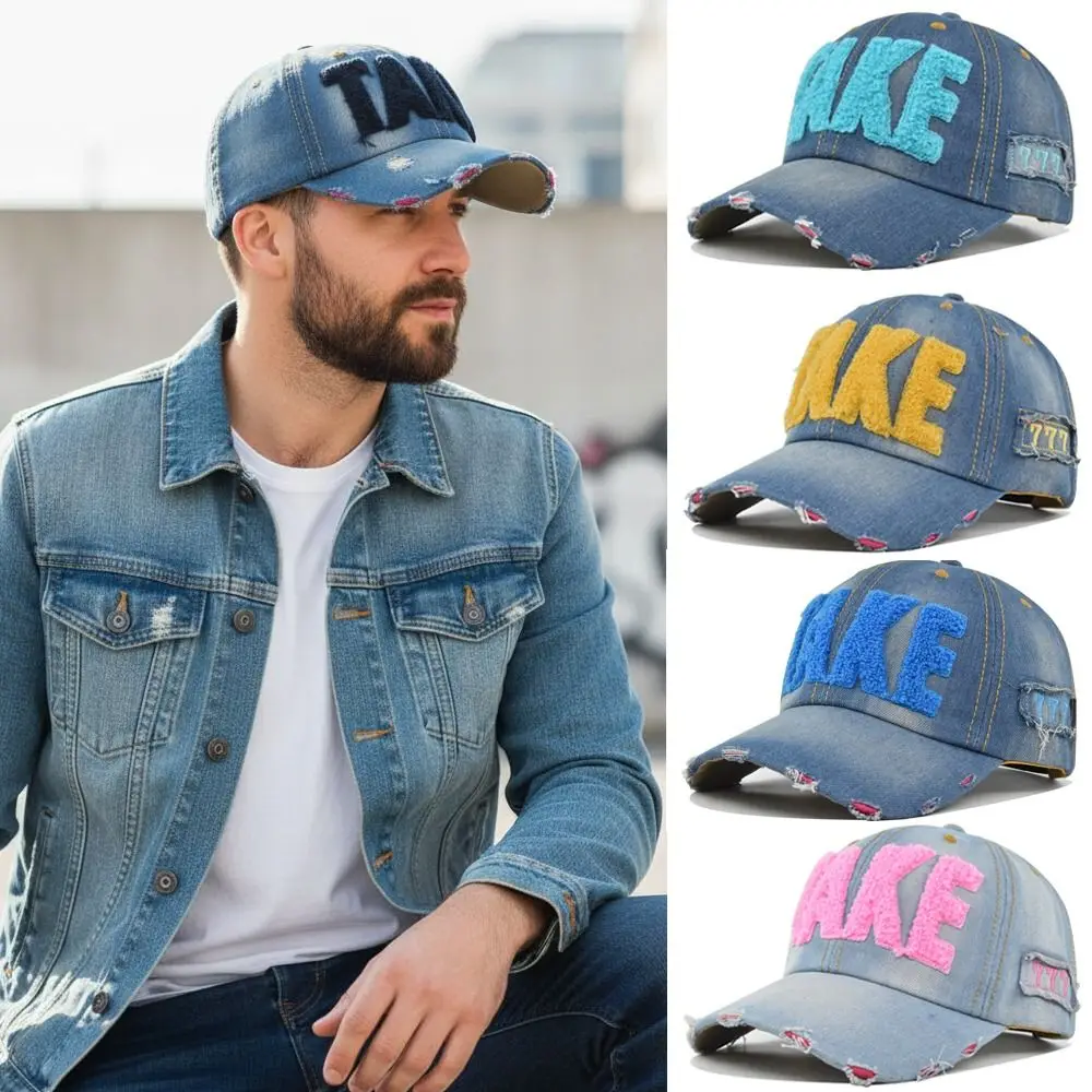 

Vintage Colored Letter TAKE Embroidery Baseball Cap Perforated Hole Visor Peaked Cap Adjustable Denim Casquette For Man Women