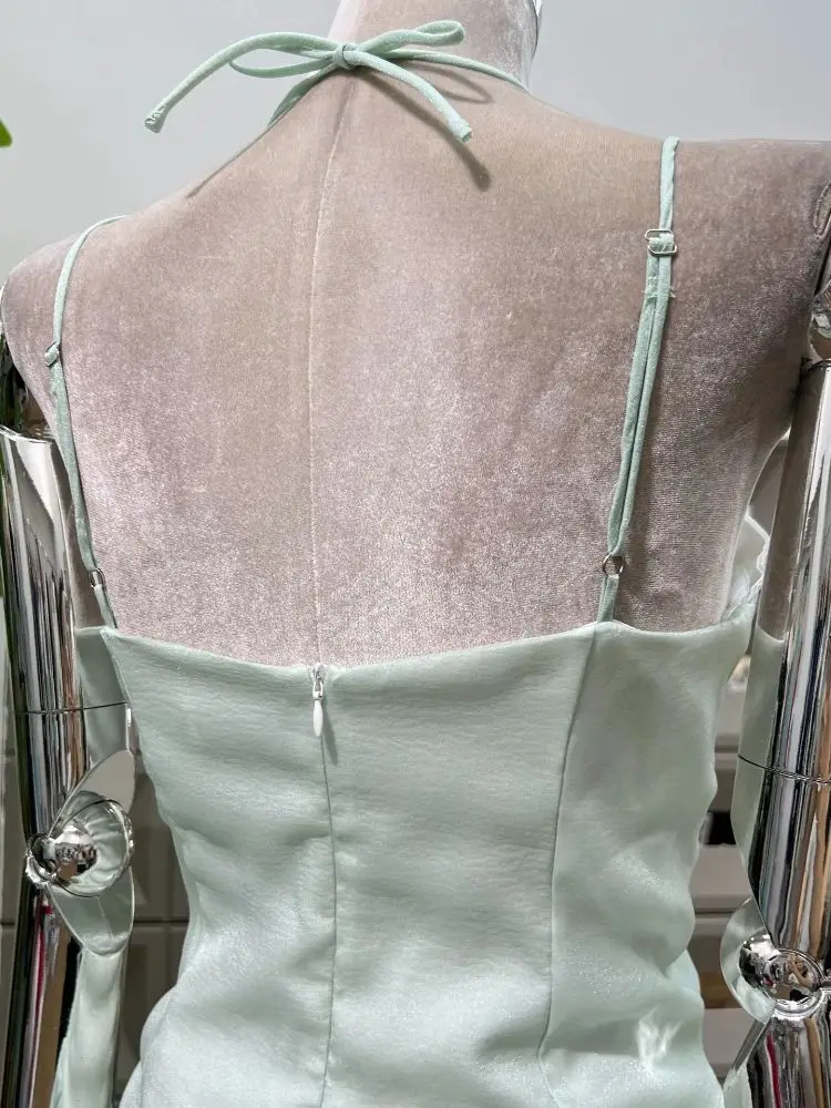 2025 robes d'été femmes Patchwork sans manches vert menthe Spaghetti mode nouvelle tenue vêtements fête d'anniversaire robe de danse chaude