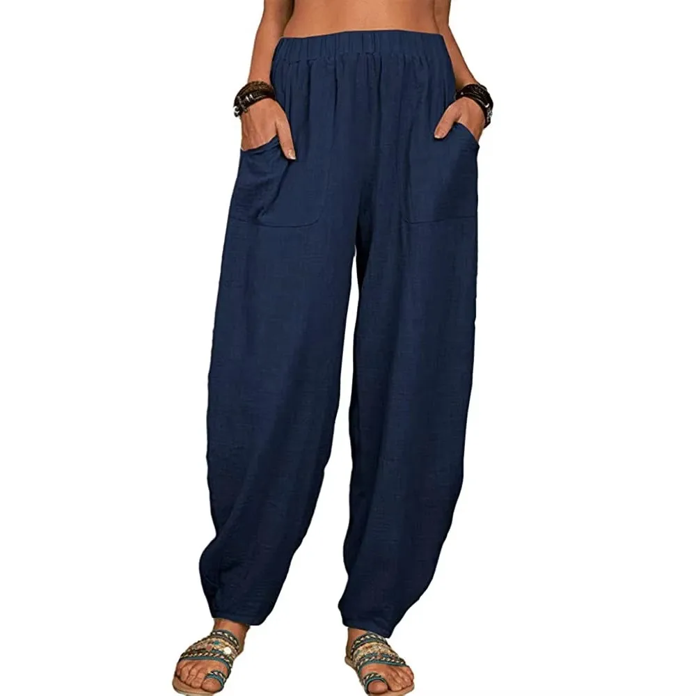 Women Cotton Hemp Pants Summer Casual Vintage Pockets Thin Beach Trousers Female Elastic Waist Wide Leg Retro Loose Harem Pants