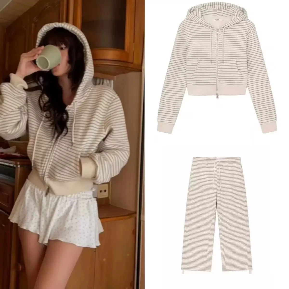 

Комплект: куртка на молнии с капюшоном и полосками, утепленная флисом, и брюки с высокой талией. Повседневный спортивный костюм для зимы.