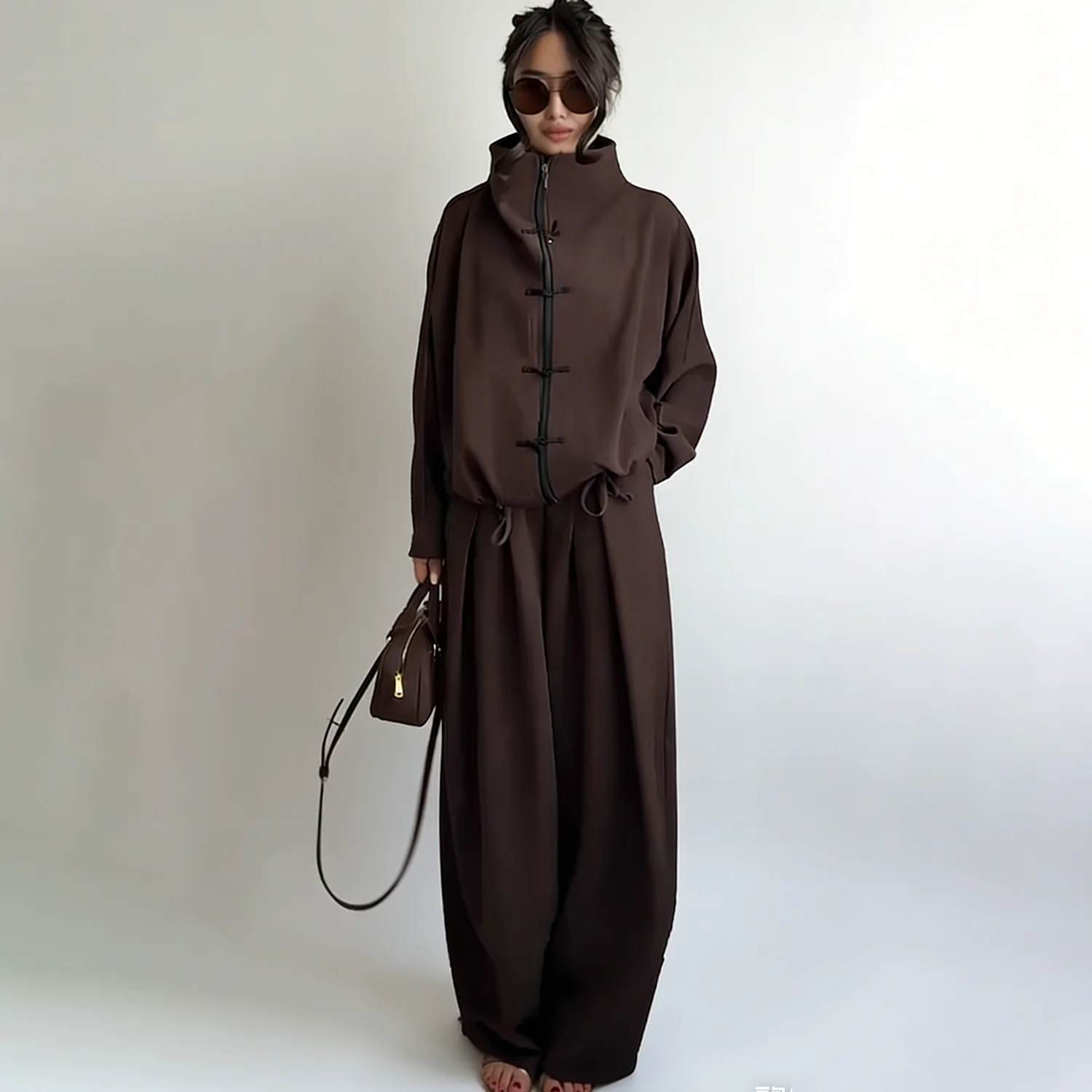 LIMO 2026 Woman Elegant Chinese Knot Two-Piece Set: High-Neck Zip Top & Wide-Leg Pants, Loose Fit for Commuting & Casual Outings