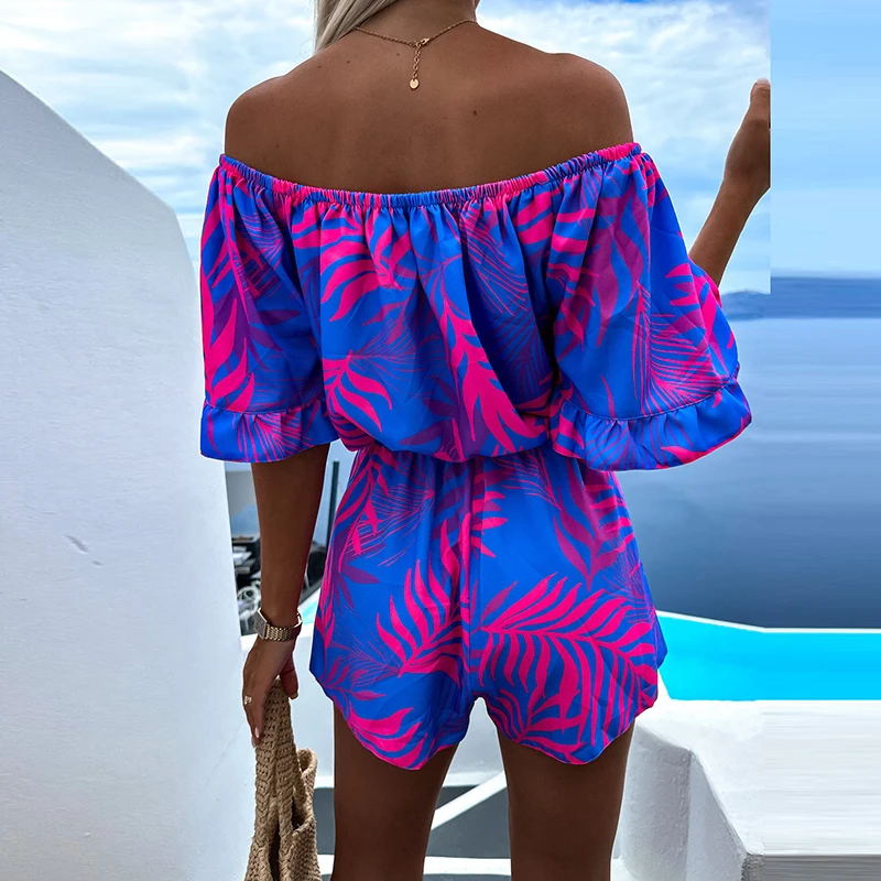 

Women Pattern Print Elastic Waist Short Romper Summer Sexy Slash Neck Party Jumpsuits Lady Casual Ruffle Holiday Beach Playsuits