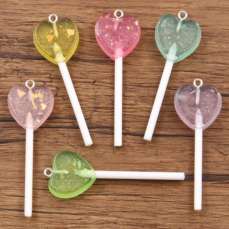 10Pcs 19*57MM 6 Color Bling Glitter Heart Lollipop Resin Charms For Earring Kawaii 3D Keychain Jewelry Making
