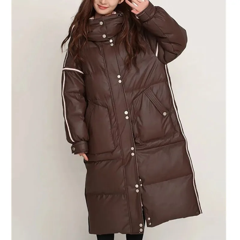 

Knee length Down Jacket For women New Winter 2025 Contrasting color Splicing Hooded Casual Fashion Thick Warm Down Coat Female