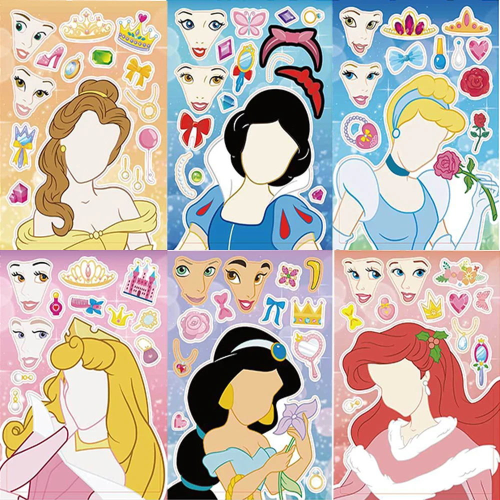 8/16Sheets Cartoon Disney Princess Puzzle Stickers Make-a-Face DIY Assemble Jigsaw Educational Party Favors Scrapbooking Sticker - view 5