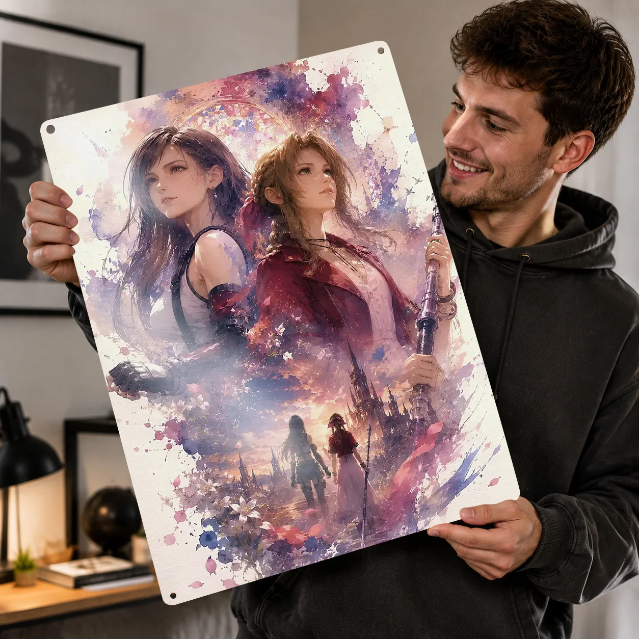 Tifa and Aerith Final Fantasy Art Personalized 3D Textured Metal Poster Wall Art Tinplate Sign for Decor Room Decoration Cozy