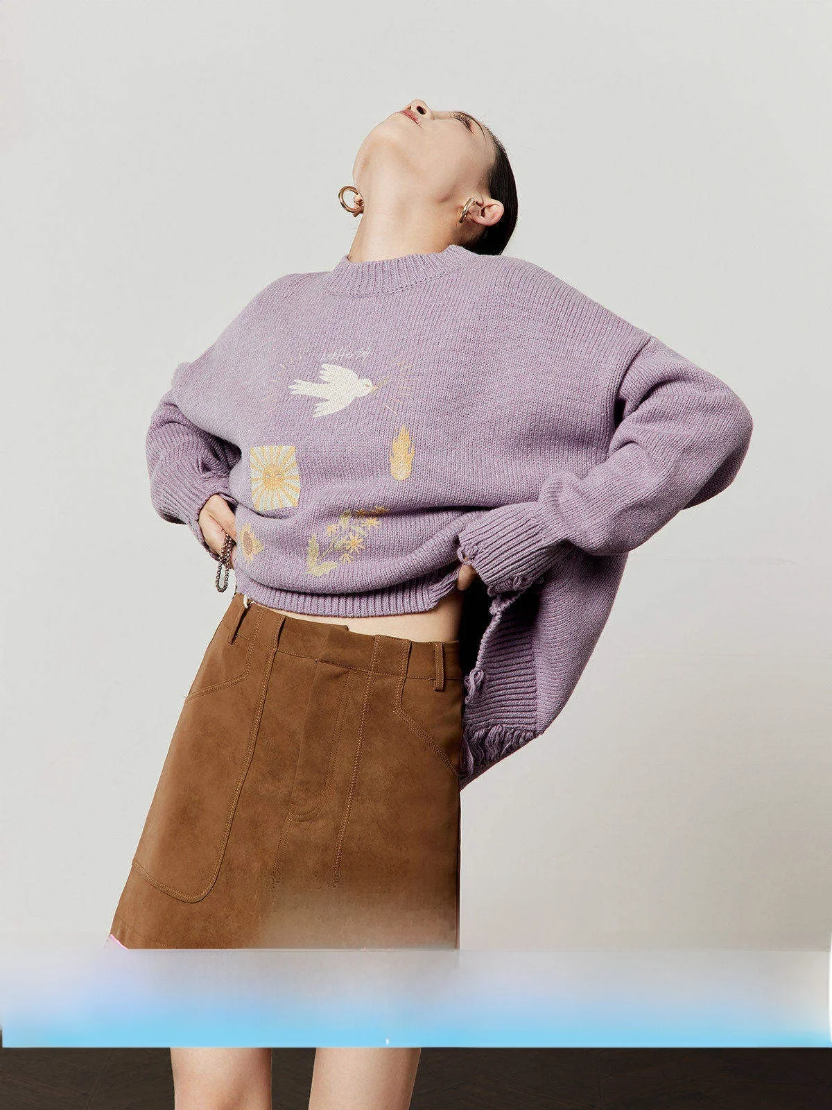 

Loose Women's Purple Knitted Sweater Casual Sle Spring New Arrival Zhou Li Wu Sun Song Series Faionable Plant Floral Pattern