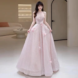 Sweet Pink Evening Dresses Illusion O-neck A-line Glitter Sequins Shiny Flower Applique Feather Quinceanera Prom Cocktail Gowns