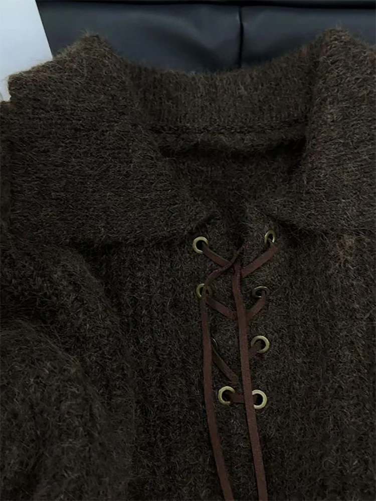 Sweter retro z kołnierzykiem, sznurowany, w stylu koreańskim, z długim rękawem, gruby, dzianinowy, jesienno-zimowy, luźny, termiczny, damski pulower