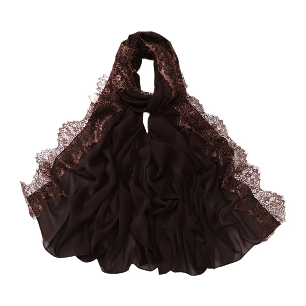 Versatile Solid Color Muslim Chiffon Jersey Hijab Breathable Lace Trim Women Headscarf Soft Long Scarf Shawls Islamic