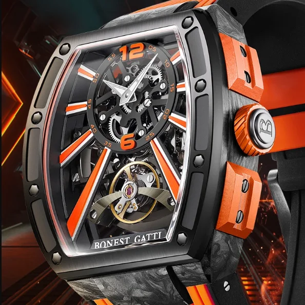 

BONEST GATTI Мужские автоматические часы Роскошные механические наручные часыTonneau из углеродного волокна Водонепроницаемые сапфировые светящиеся скелетонизированные циферблаты