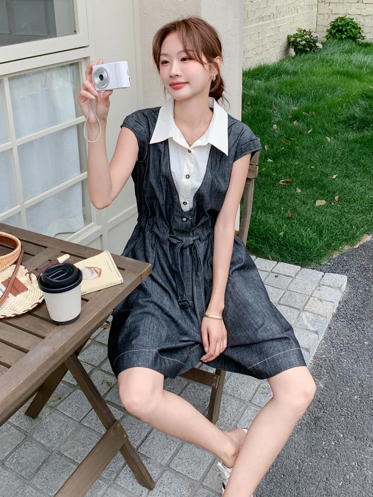 จั๊มสูทขาบานทรงหลวมสไตล์วินเทจ ผ้าบางเบา แต่งลายปะติด ดีไซน์สองชิ้นหลอกตา สำหรับผู้หญิง ฤดูร้อน รุ่นใหม่ ช่วยให้ดูอ่อนวัย