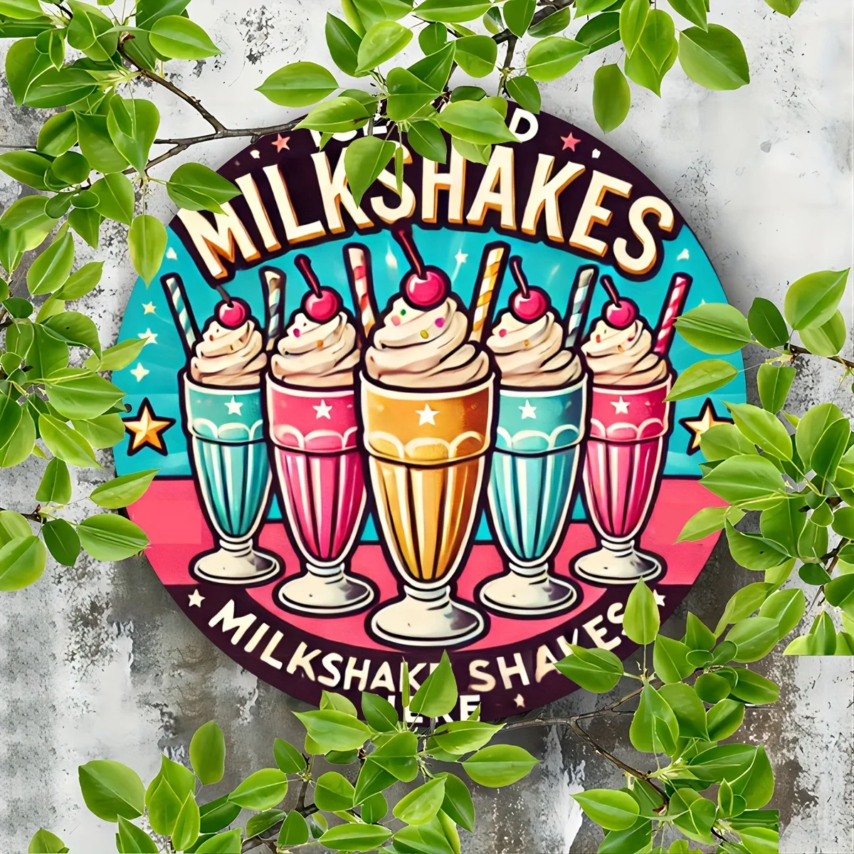 قطعة واحدة، علامة ألومنيوم معدنية مستديرة مقاس 8 × 8 بوصة (20 × 20 سم) ريترو "Ice Cold Milkshakes"، ديكور فني جداري عتيق للمنزل والبار والمطبخ - Ea