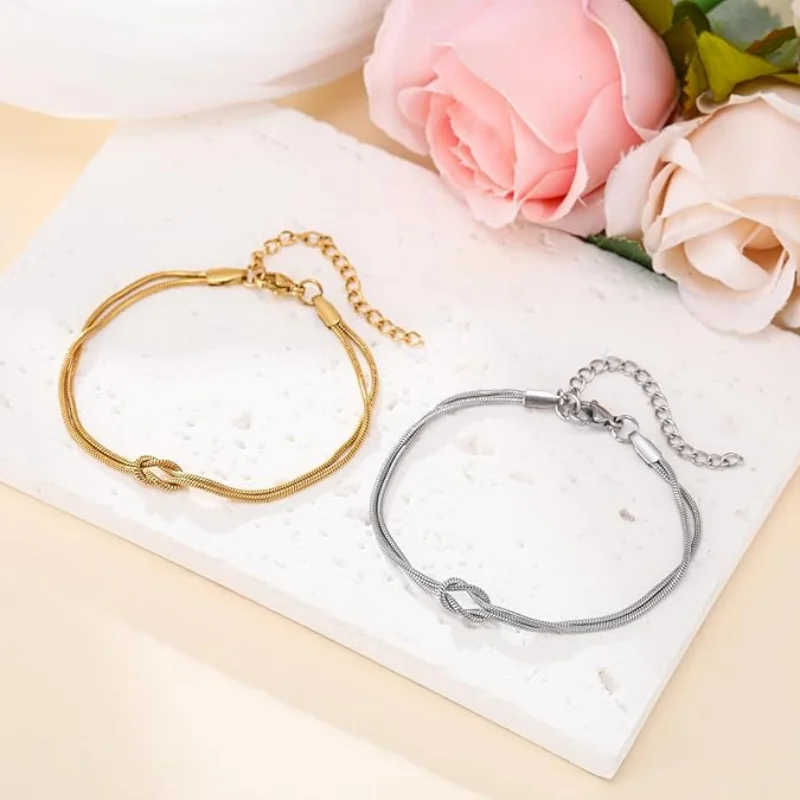 

Double Snake Chain Love Knot Bracelet Stainless Steel Gold Color Adjustable Bracelets Women Men Couple Minimalist Jewelry Gift