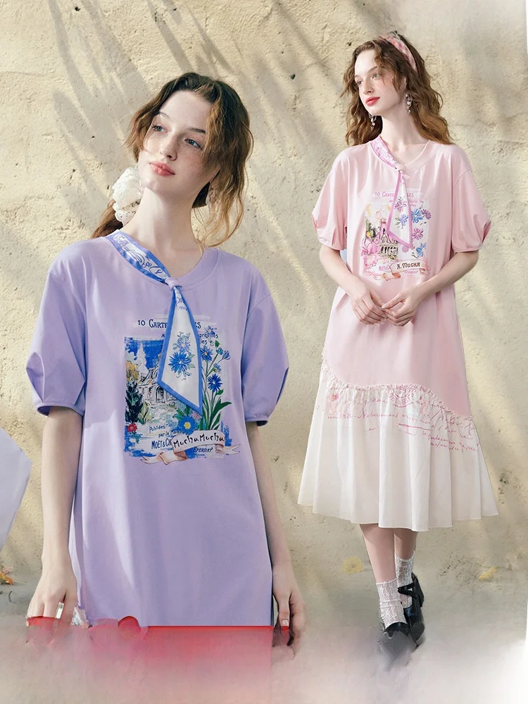 

Sweet Countryside Two Tee Things Summer New Loose T-irt Dr Tie Print Casual Soft Cotton Blend Five Sve Straight H-S...