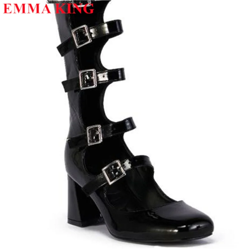 Women Black Patent Leather Knee High Boots Buckle Round Toe Cutouts Gladiator Sandals Boots Sexy Thick Heel Gothic Shoes Woman