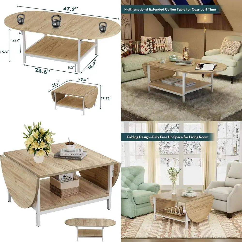 طاولة قهوة قابلة للتوسيع بطبقتين مع مساحة تخزين، لمسة نهائية من خشب البلوط الأبيض، مناسبة لمختلف أماكن المعيشة #1