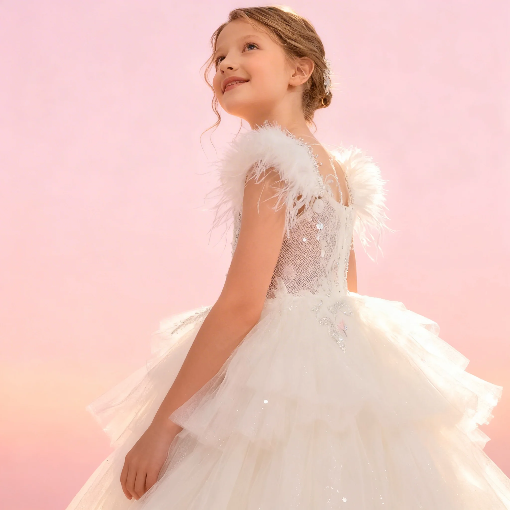 

Индивидуальное платье цвета слоновой кости для девочки-цветочницы: свадебное, с пайетками, перьями, жемчугом, многослойное, из фатина, для первого причастия