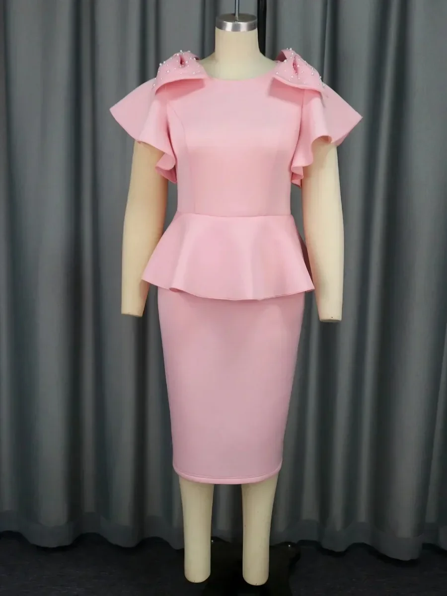 Elegante Vrouwen Roze Slanke Vieren Feestjurk O Hals Boog Kralen Korte Mouw Hoge Taille Ruche Zoom Bodycon Bruiloft Gast Jurken