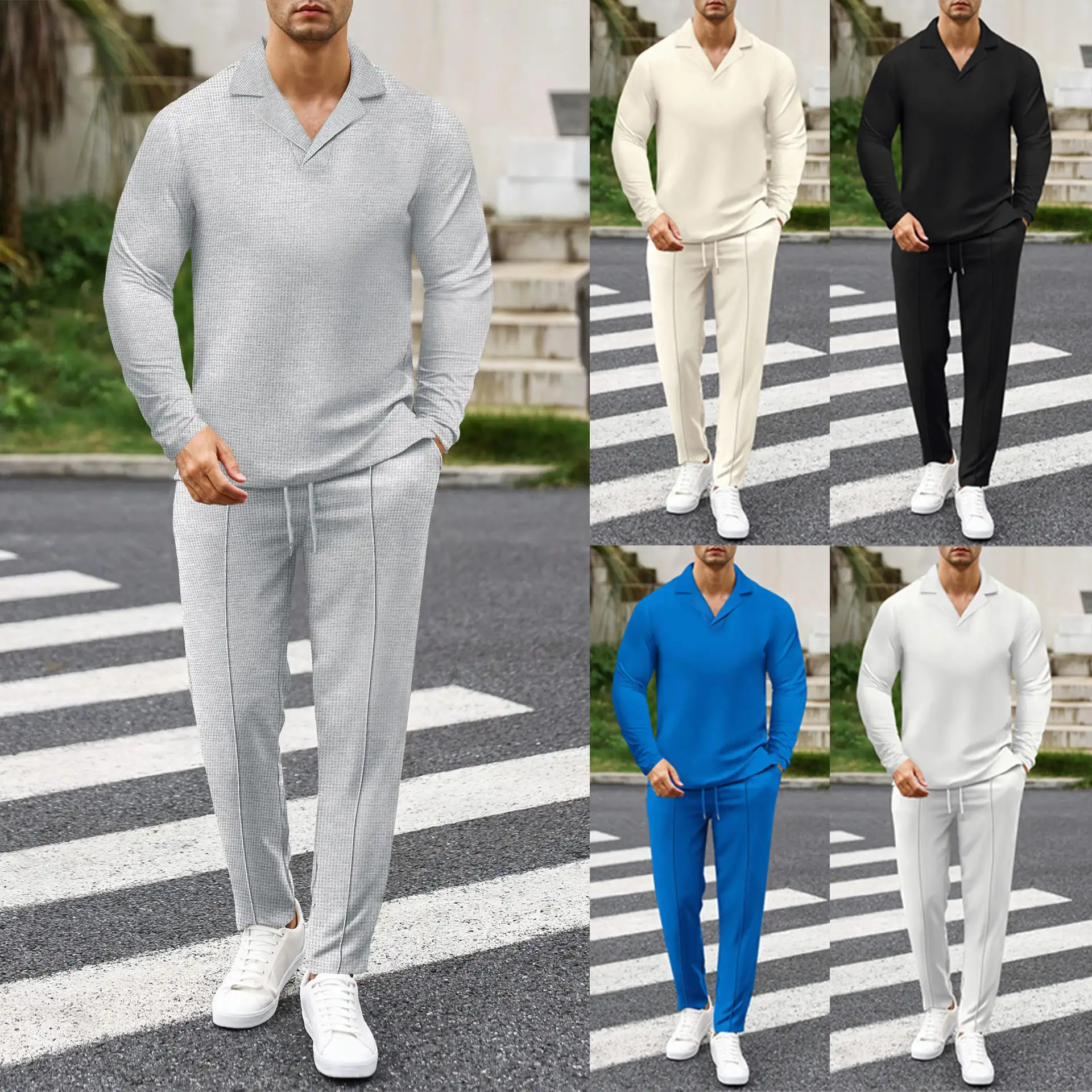 

Fall 2024 Men's Pure Color Set with Long Sleeve T-Shirt And Long Pants in Checkered Suit Collar Style Comfortable Casual Wear