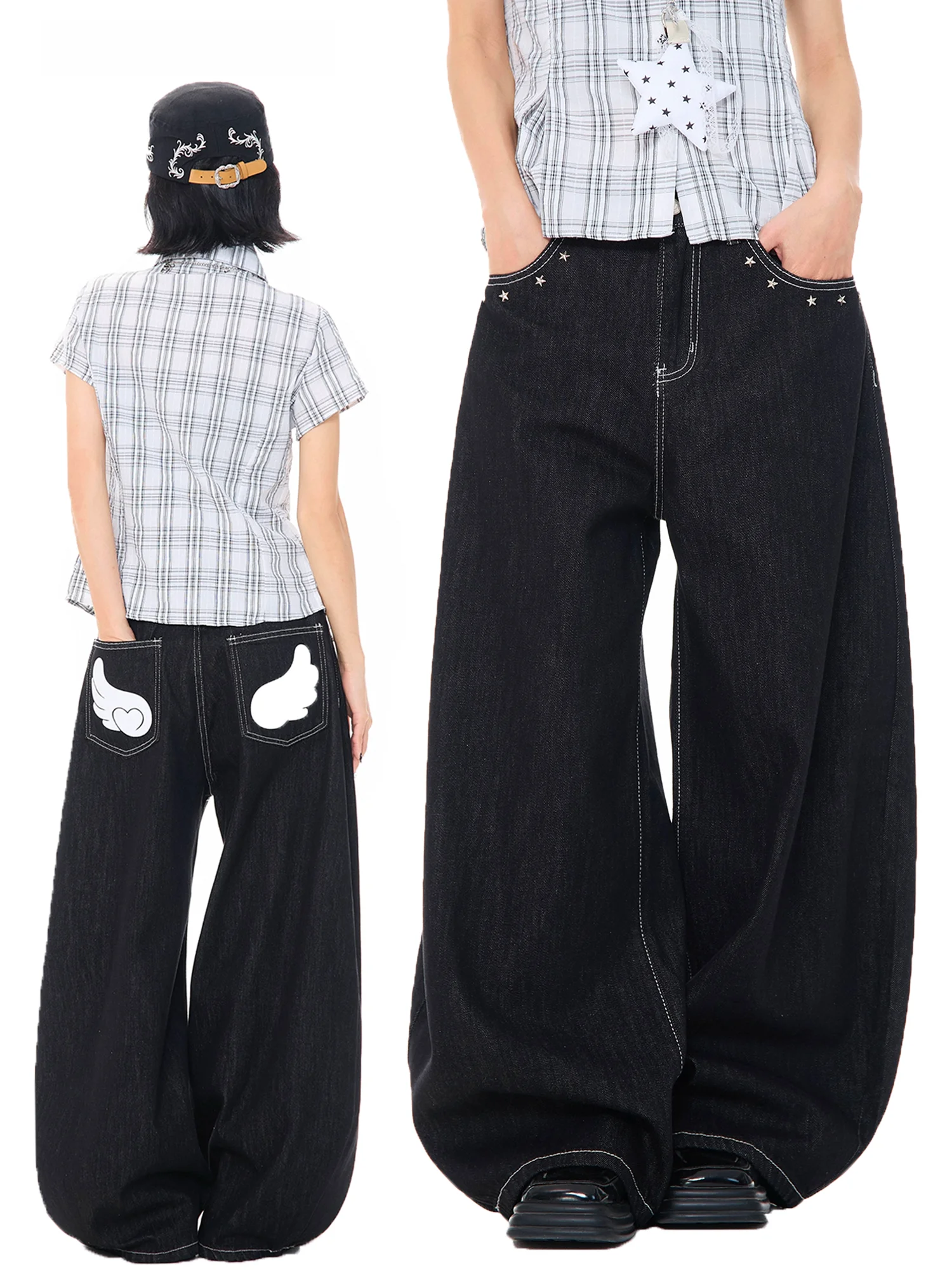 

MKGO Korean Sle Wide Leg Denim Jeans Women's Design Sense Wing Print Loose Straight Pants Star And Lemon Print l Waist