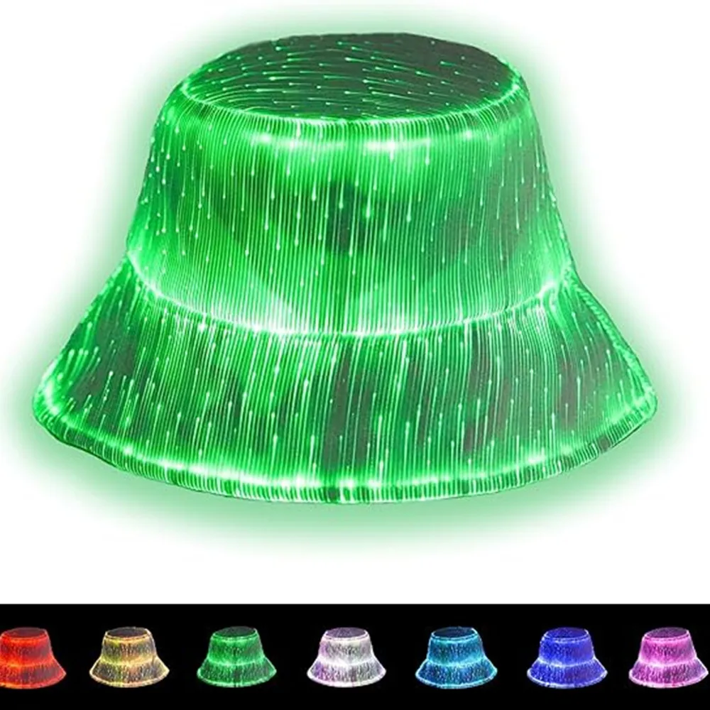 LED Rave Bucket Hat Light up Fisherman Cap 7 Colors Glow in the Dark Party Hats USB Rechargeable EDM Festival Gear