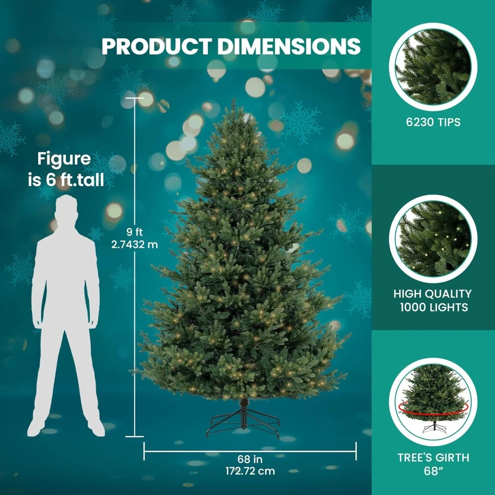 9ft Christmas Tree,with 6230 Branch Tips, 1000 Warm Lights and Metal Stand, 68