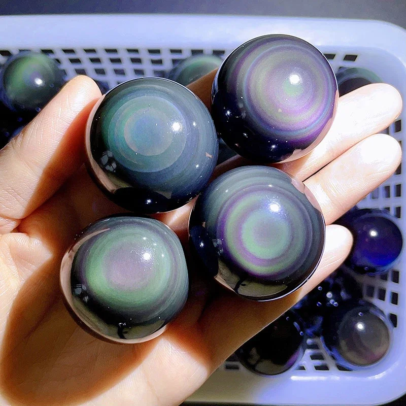 Rainbow 20mm Natural Obsidian Cat Eyes Quartz Crystal Ball Shaped Healing Home Decoration