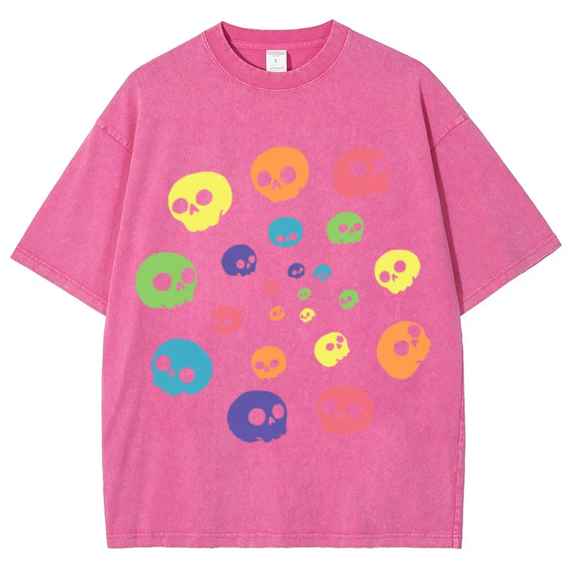 Skull Summer Tees Harajuku Streetwear Washed T-Shirt Loose Pure Cotton Casual T-Shirts Streetwear Vintage Snowflake Shirt