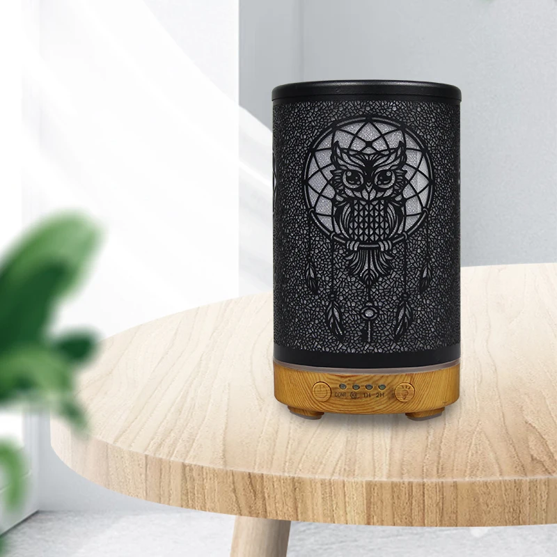 High Quality 100ml Aromatherapy Essential Oil Diffuser Metal owl Remote Control Ultrasonic Air Humidifier with 7 Colors Light