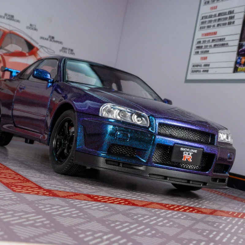 1:24 Nissan GT-R R34 Skyline modelo de carro em liga metálica, portas e capô do motor, porta-malas pode ser aberto, brinquedos para meninos