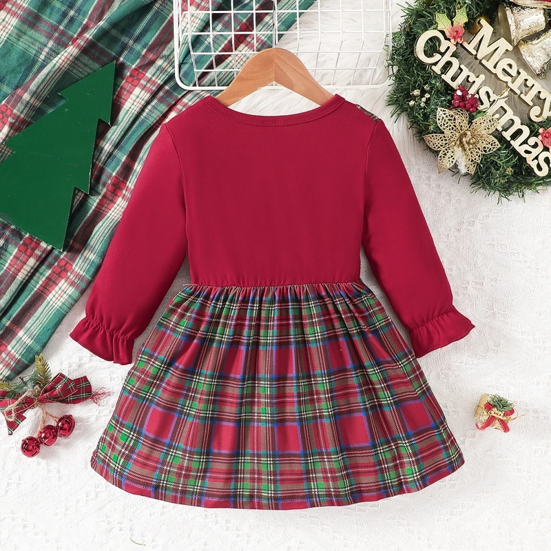 Vestido a cuadros de Navidad para niñas pequeñas, manga larga con lazo, cuello redondo, letras de Santa, línea A, en general