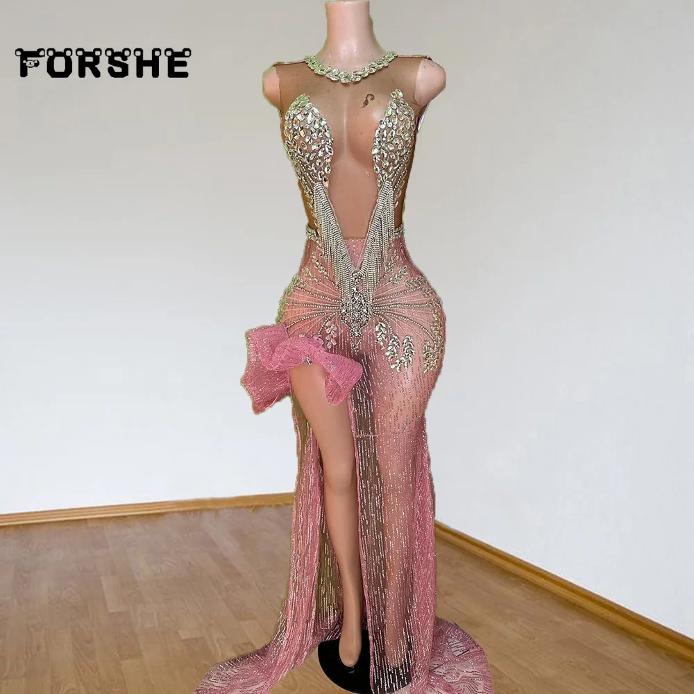 Robe de Bal Sexy Rose avec Fente Latérale pour Fille Noire, Tenue Éducative avec Strass et Perles, pour ixde Gala, 2024