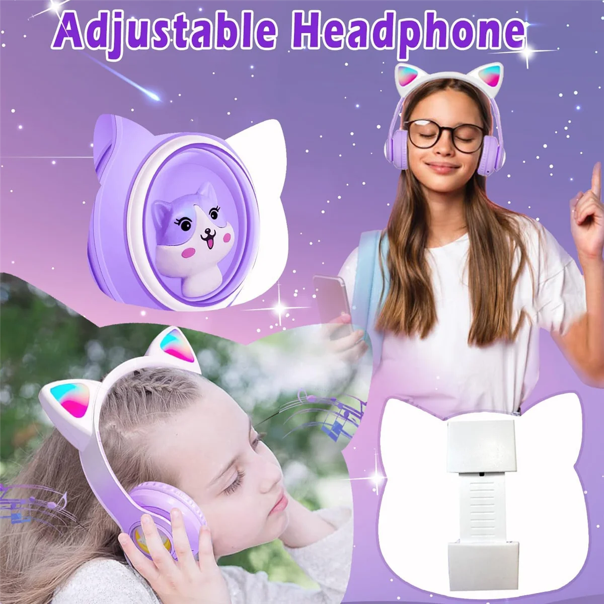 Children's Bluetooth Headphones, Foldable Wireless Headphones with LED Light, Cat Ears Game Headset for Phone-B