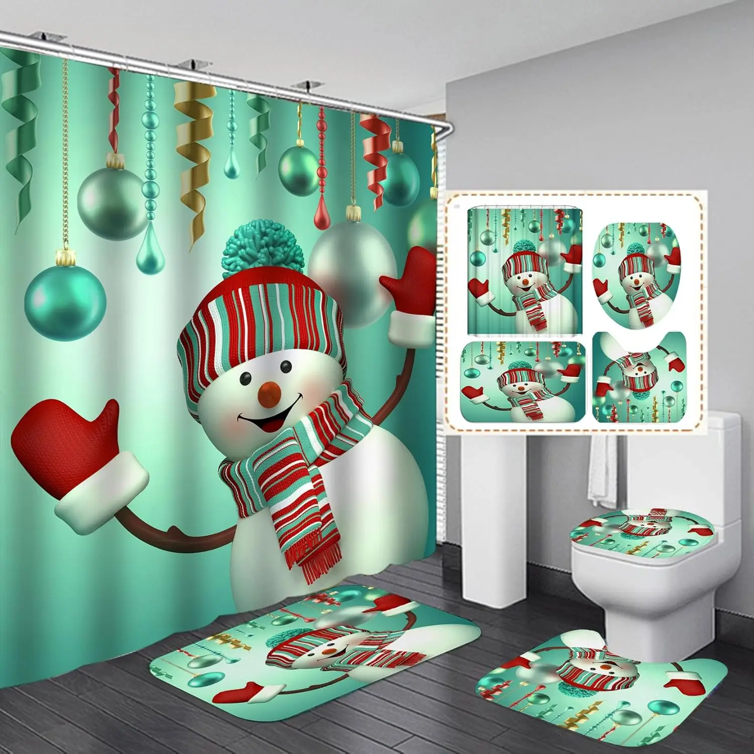 

Christmas Shower Curtain Sets for Bathroom,4Pcs Xmas Shower Curtain Bathroom Rugs/Lid Toilet Cover Funny Santa Claus Elk Snowman