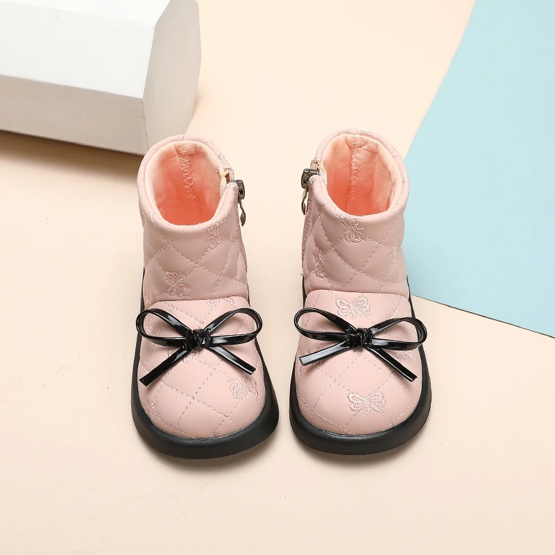 Beige/pink Girls Boots with Flat Bottomed Low Cut Side Zipper Bow Anti Slip and Warm Winter Microfiber Leather Fashion Boots