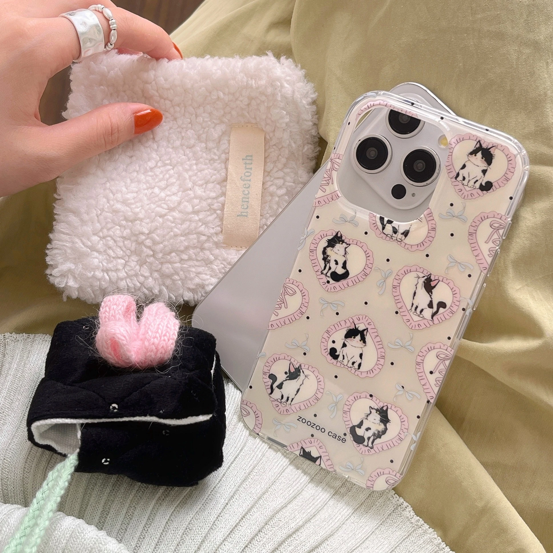 Korean Ins Heart & Cats Pink Double Layers IMD Chic Case for iPhone 15 14 13 Pro Max Plus Back Phone Cover for 12 11 Pro Max