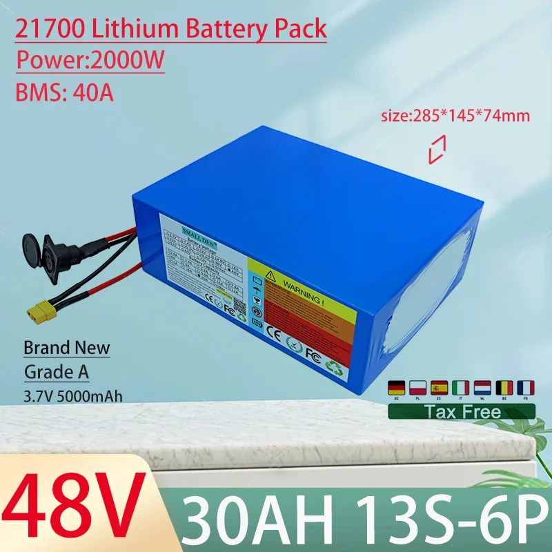 48V 30Ah 21700 13S6P Lithium Ion Battery Pack 2000W Power Tool Batteries Outdoor Backup Batteries With 40A BMS+54.6V 5A charger