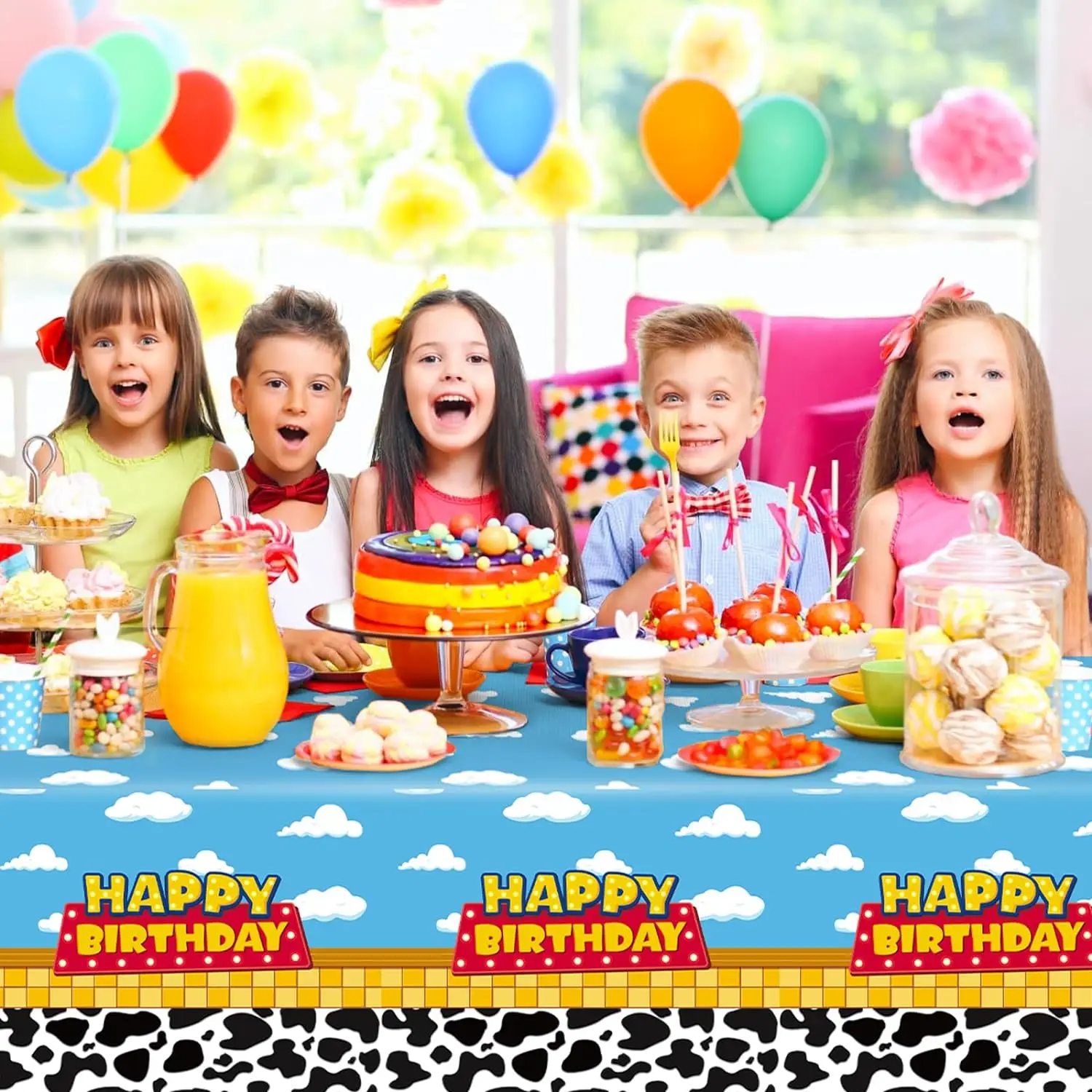 Toyss Inspired Birthday Party Story Tablecloth Cow Pattern Blue Sky and White Cloud Table Cover for Kids Baby Shower Decorations view 5