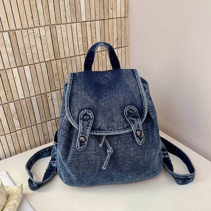 Women Denim Backpack Vintage Drawstring Flap Jeans Rucksack Casual Travel School Bag