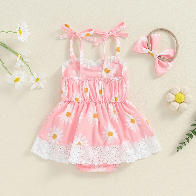 2-Piece Baby Girls Daisy Set Lace Hollow Eyelet Trim Lacing Dress Romper Bow Headband Adorable Outfits