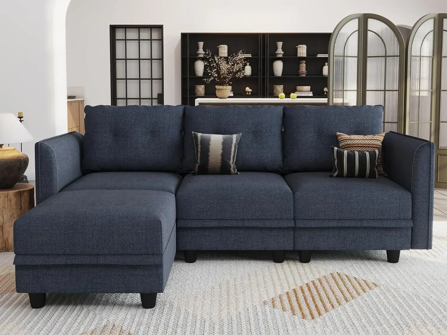 

Modular Sectional Sofa w/ Reversible Chaise, L Shaped Sofa with Ottoman, 4 Seater Sectional Corner Couch w/ Storage, Denim Blue