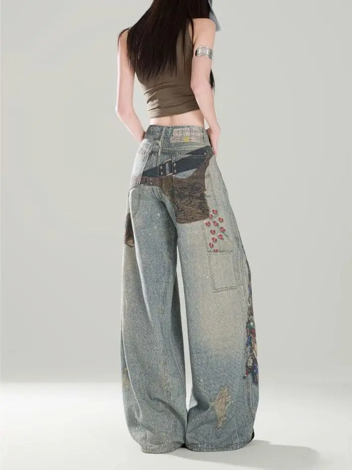 

Джинсы с высокой талией и широкими штанинами, женские модные уличные джинсы, свободный прямой крой, утягивающие драпированные джинсы с принтом в стиле ретро, повседневные