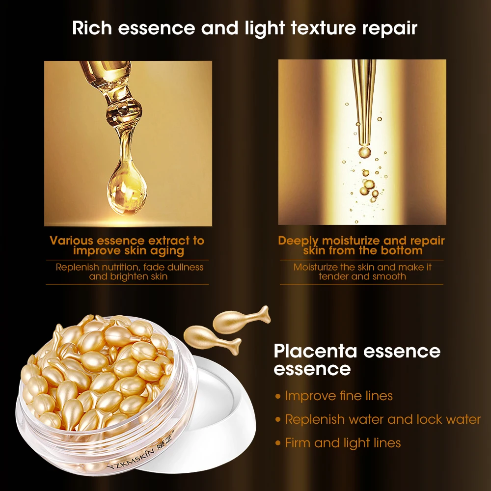 30/60PCS Fullerene Placenta Capsule Essence Moisturizing Brightening Firming Skin Repair Essence Hyaluronic Acid Facial Serum