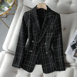 Plaid Blazers Women Office Fashion Casual Elegant Temperament Lapel Simple All-match Jacket Double Breasted Clothing V1518